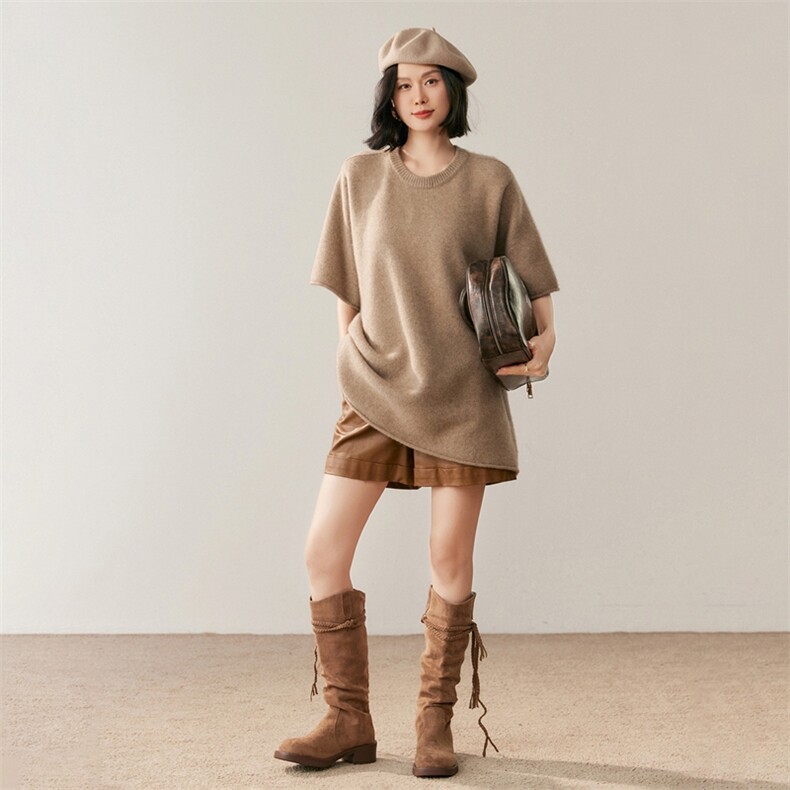 2025年秋季圆领半袖针织衫时尚百搭简约风,针织衫/毛衣,鸥蕊娅羊绒