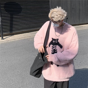 潮牌街头撞色慵懒风针织衫男美式高街撞色加厚套头毛衣线衣图片