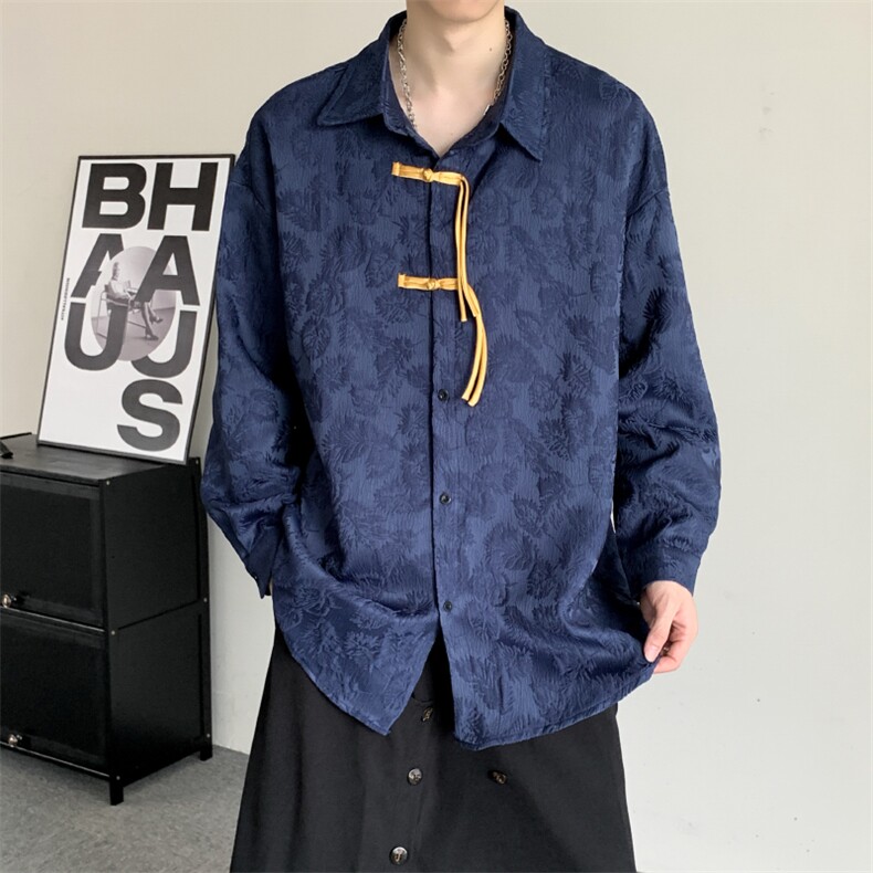 新中式男装唐装风红色花长袖衬衫结婚登记改良汉服衬衣潮胖子,男装衬衫,星座909