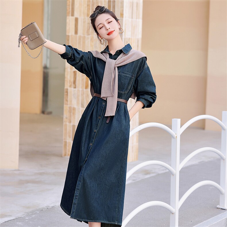 时尚秋季长款牛仔连衣裙修身显瘦气质女神风,女装连衣裙,凯瑟曼
