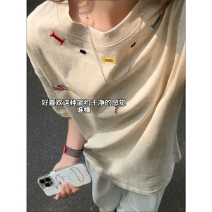彩色万针刺绣t恤男款夏季小众设计感情侣短袖美式高街正肩半截袖图片