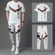 男士休闲百搭套装夏季2023新款圆领短袖t恤运动裤子两件套，男装休闲套装，电商B212（原钱塘6029）