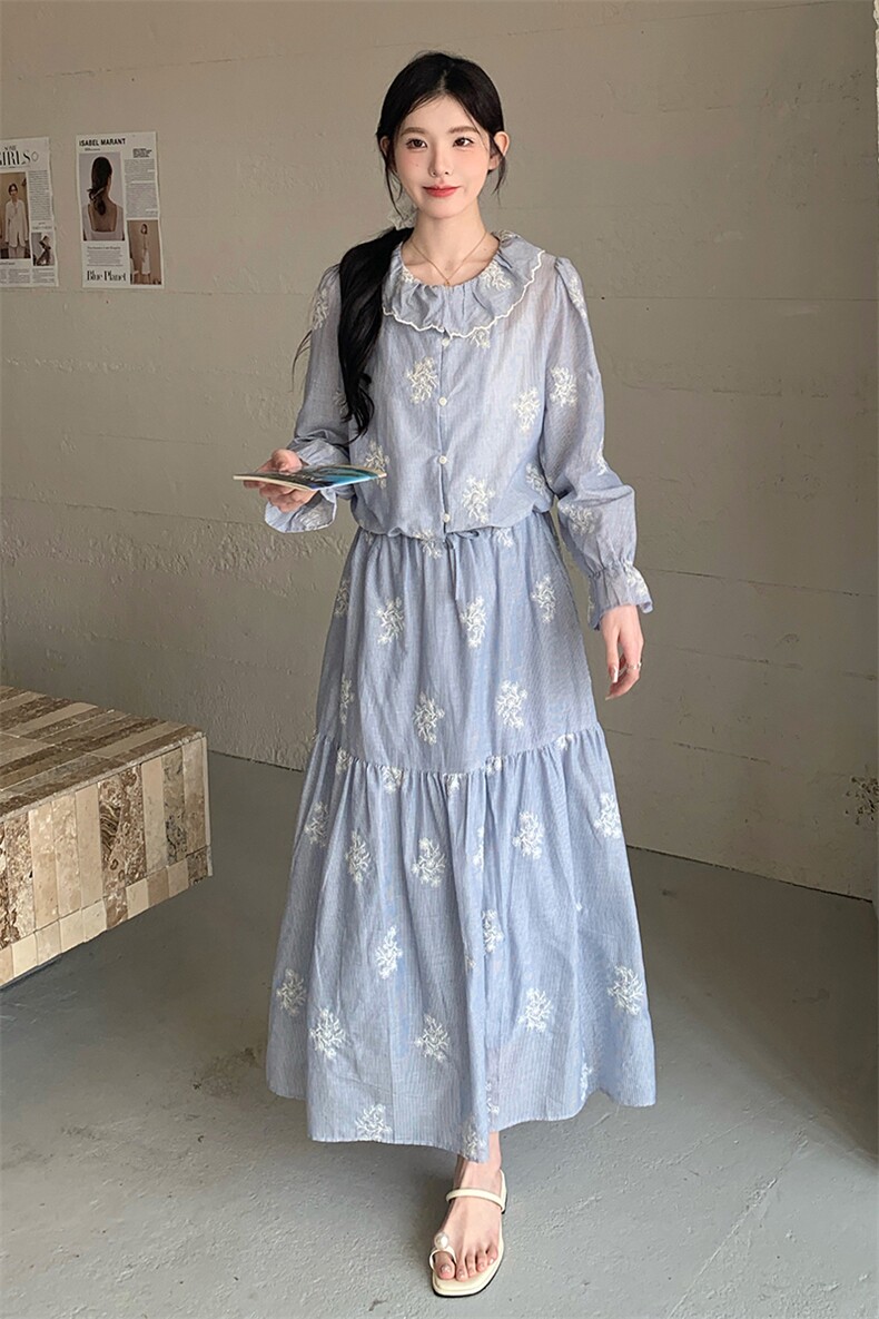 温柔风清新减龄套装裙女2025春新款荷叶边娃娃领上衣半身裙两件套,女装套装/套裙,2C032