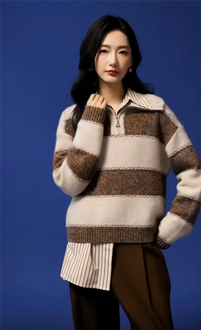 2025舒适百搭简约山羊绒金豆亮片拉链高翻,女装羊绒衫,倾城羊绒