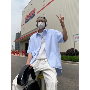 美式条纹拼接翻领短袖衬衫男夏季潮牌轻薄凉感宽松学院风衬衣外套图片