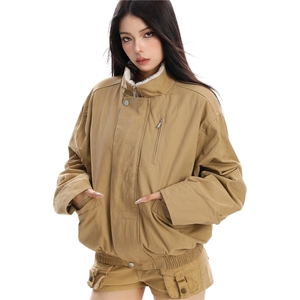 美式立领工装毛领棉服男女生冬季巴恩风加厚保暖短款夹克外套棉服,潮男穿搭图片高清图片
