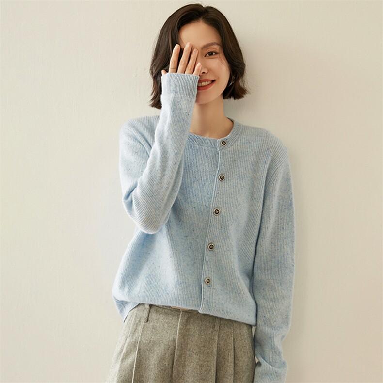 彩点纱羊绒外套女纯山羊绒衫秋冬季圆领斜边加厚针织开衫上衣，女装羊绒衫，纳丰羊绒