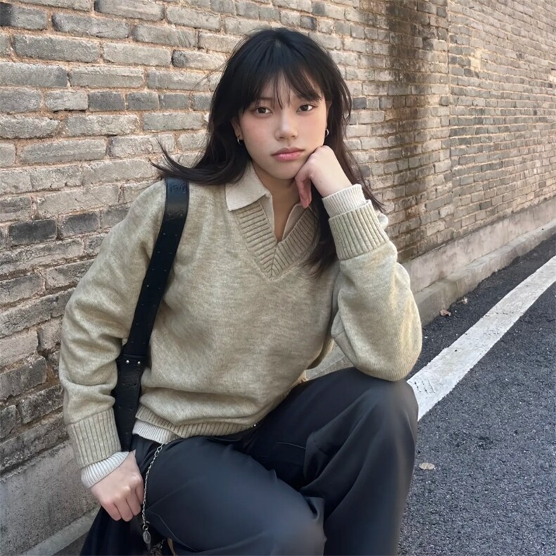 重磅北极绒假两件衬衫领毛衣美式高街复古休闲慵懒纯色翻领针织衫,男装针织衫/毛衣,电商A486