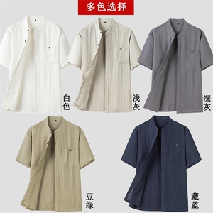 主推 亚麻短袖t恤爸爸夏装唐装男风男装夏季中老年棉麻体恤衫图片