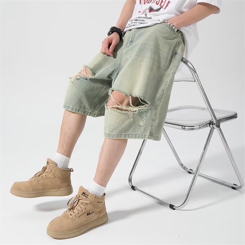 破洞牛仔短裤宽松韩版bf风显瘦阔腿直筒五分裤夏季N0124-P50,男装牛仔裤,星座308B-2