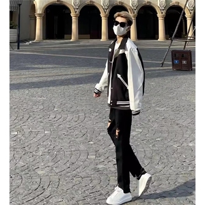 网红同款潮牌pu皮黑白拼色棒球服秋冬外套男宽松休闲百搭翻领夹克图片