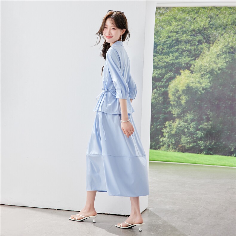 《现货26夏上新》蓝色气质收腰衬衫+半裙伞裙显瘦两件套女,女装套装/套裙,苗苗