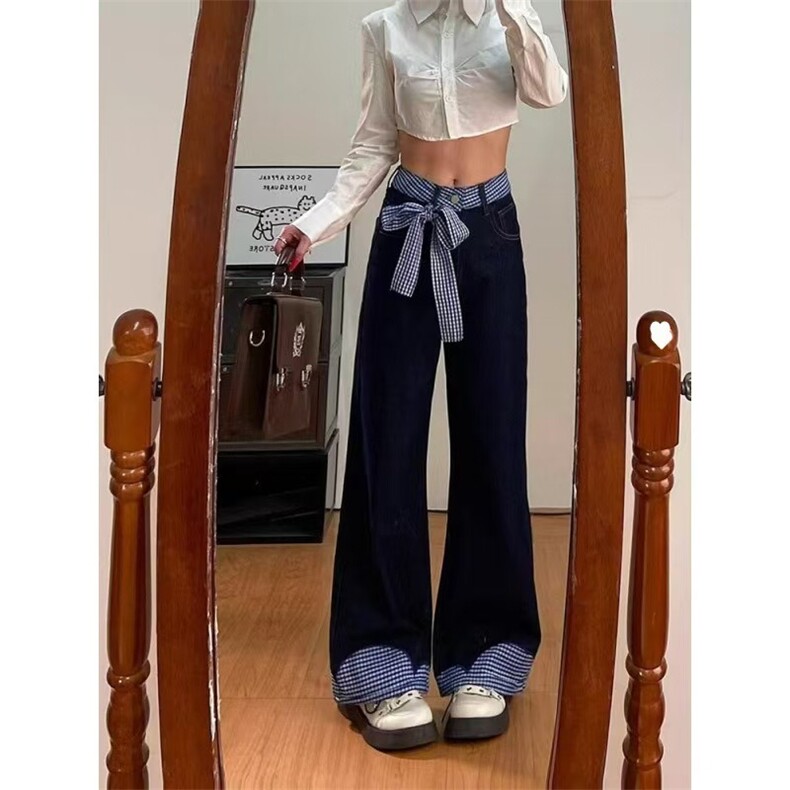 蝴蝶系带拼接格子牛仔裤男春夏季设计感直筒裤子高腰宽松阔腿长裤,男装牛仔裤,星座1210-1