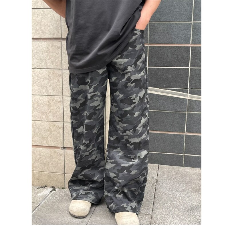 K8305-P43水洗做旧迷彩宽松直筒裤男潮牌美式复古休闲阔腿长裤,男装休闲裤,电商B323A