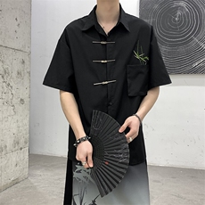 高级2025风新中式复古油画翠竹刺绣冰丝男女小众休闲短袖衬衫，男装衬衫，星座909