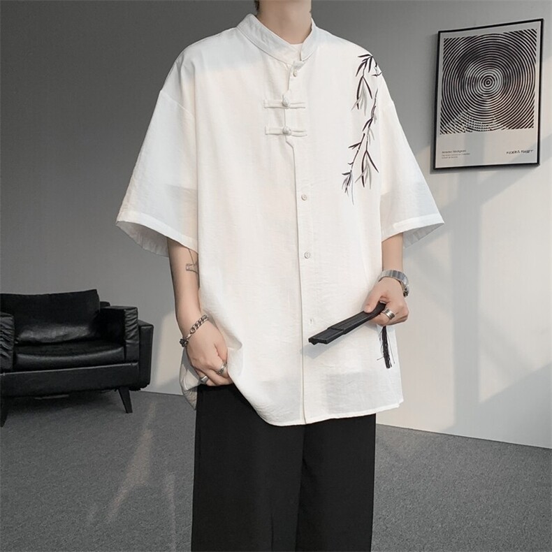 新中式风立领天丝亚麻短袖衬衫大码竹叶刺绣半袖衬衣DC5008/P55，男装衬衫，电商B238