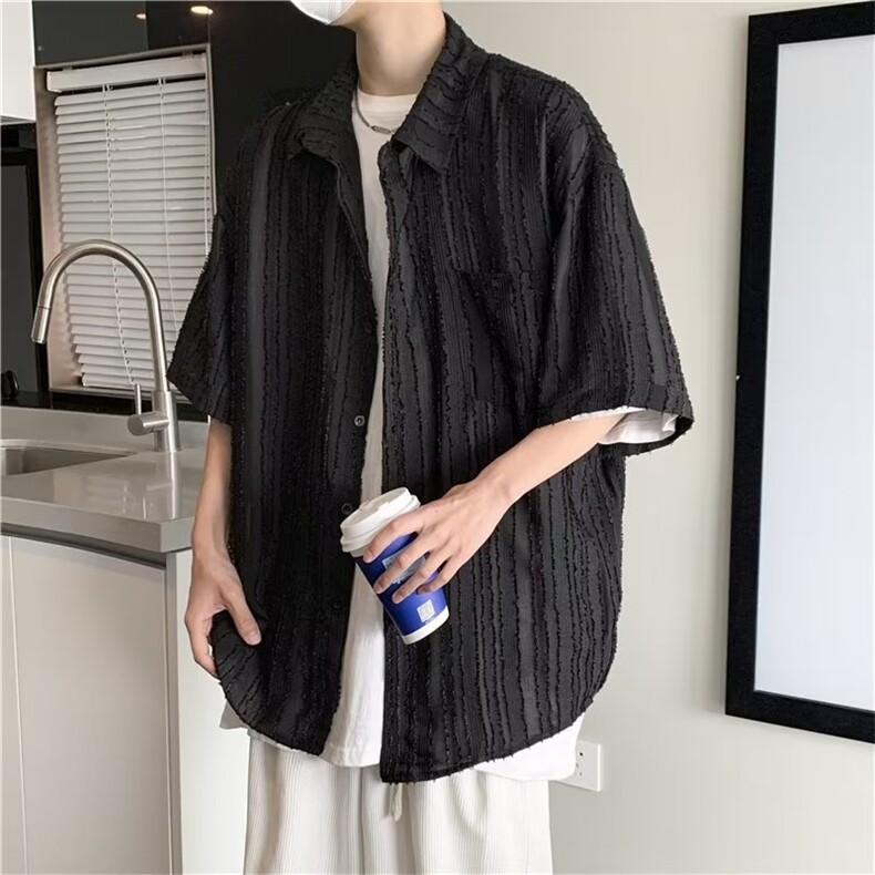 衬衫男装个性慵懒风冰丝提花衬衣2023夏季潮流半袖上衣CS1256-P36,男装衬衫,星座308B-1