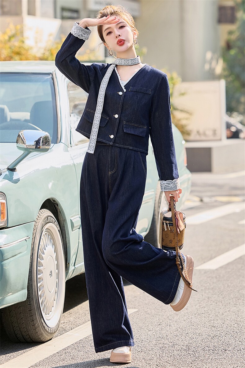 牛仔套装女2025春秋新款时髦气质韩系设计感气质炸街阔腿裤两件套,女装套装/套裙,E百度