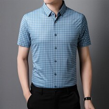 夏季新款格子衬衫男冰丝短袖商务休闲寸衫中年男士爸爸衬衣，男装衬衫，电商B212（原钱塘6029）