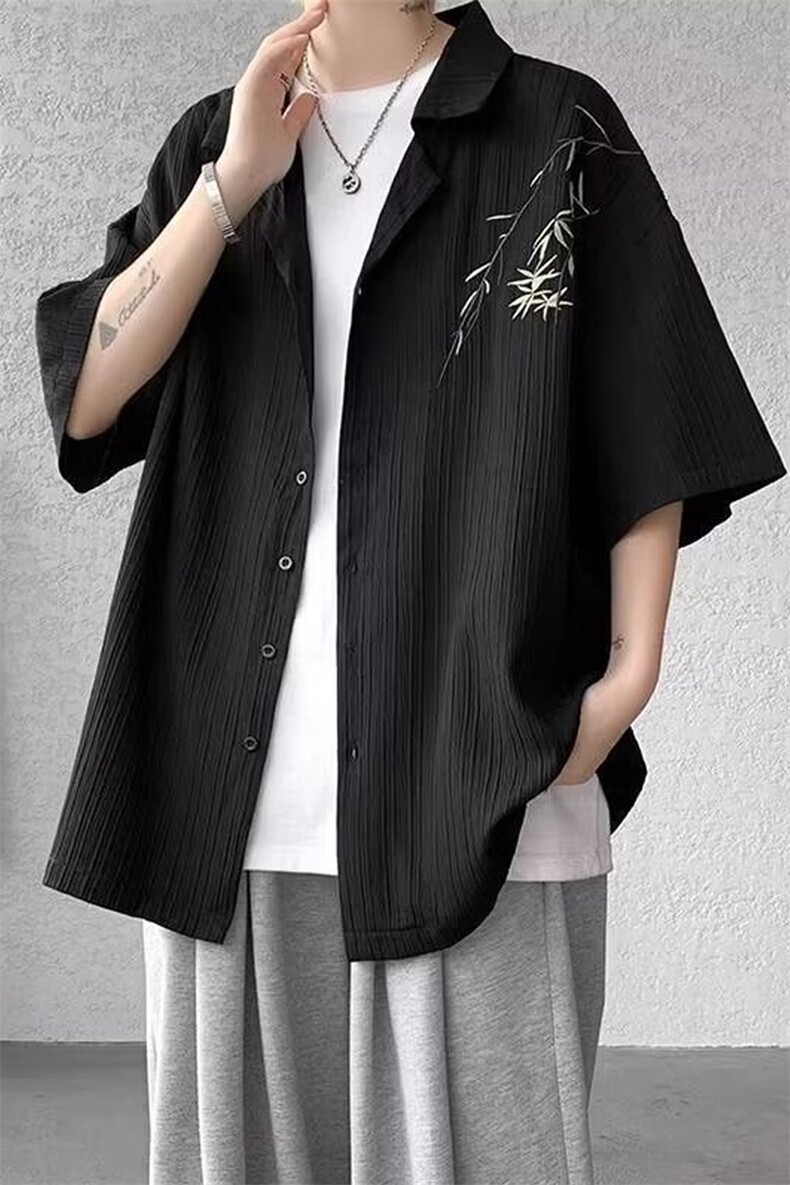 春夏短袖衬衫男式冰丝竹叶刺绣衬衣翻领衬衣716A-CS917-P50,男装T恤,星座716A（原星座815-4）