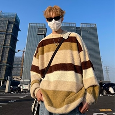 冬季新款撞色条纹水貂绒加厚毛衣男潮牌外穿圆领长袖卫衣，男装针织衫/毛衣，星座410-7