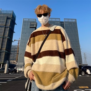 冬季新款撞色条纹水貂绒加厚毛衣男潮牌外穿圆领长袖卫衣图片