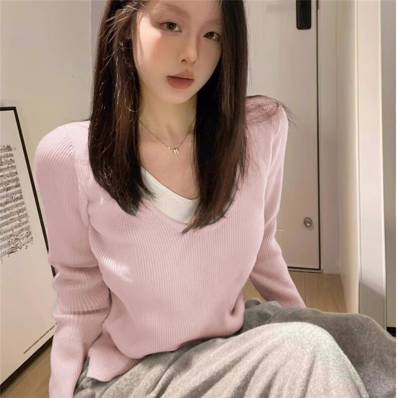 QC021-P48假两件女上衣24新款慵懒v领针织衫秋季内搭打底衫毛衣,女装卫衣/绒衫,星座617A-2