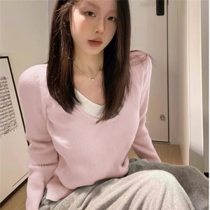 QC021-P48假两件女上衣24新款慵懒v领针织衫秋季内搭打底衫毛衣,射手女 穿搭图片