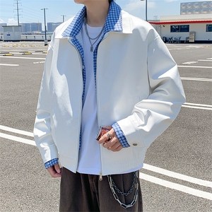 格纹假两件翻领皮衣夹克男ins高街潮牌原宿风宽松夹克JK093-P85图片