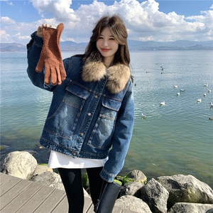 美式复古毛领羽绒内胆牛仔外套女中长小个子派克新款2025年冬季图片