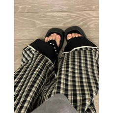 网图现货~英伦风设计感翻边格子条纹休闲裤女直筒阔腿拖地长裤，男装休闲裤，星座601-1