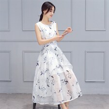 2024年夏季短袖中长款A型套头高腰圆领通勤欧根纱连衣裙韩版街头图片