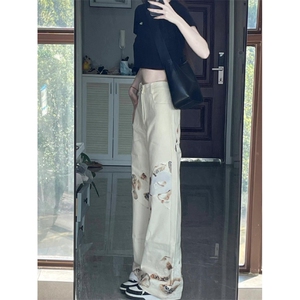 【有货】火焰蕾丝白色牛仔裤美式高街vibe微喇裤子B07LL-特P50图片