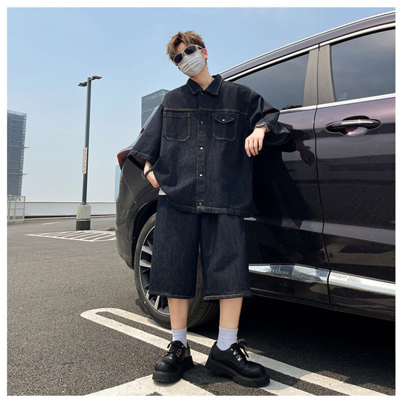 韩系小众短袖牛仔衬衫套装男夏季宽松休闲潮牌衬衣外套TZ010-P110,男装衬衫,星座308B-2