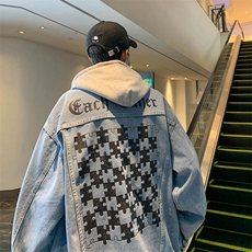 棋盘格复古牛仔外套男痞帅衣服款宽松百搭夹克JK1057-P88118，男装夹克，星座1103-3