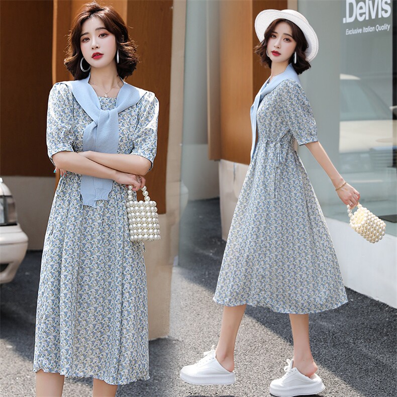 蝶眷2021夏季新款连衣裙长款带披肩系腰带印花款,女装连衣裙,蝶眷