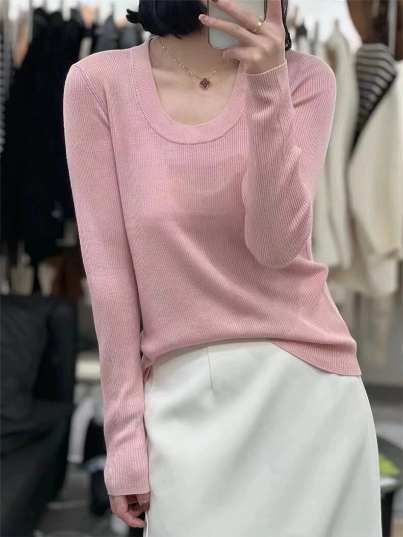 时尚显瘦高级感精纺羊毛U领抽条长袖打底衫,女装羊毛衫,圣旺供货