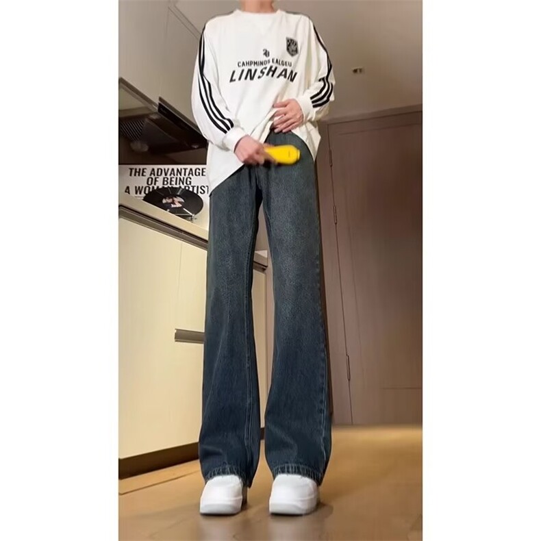 现货文艺长裤新款美式复古深蓝色牛仔裤微喇裤子流行慵懒百搭网图,男装牛仔裤,星座302B-2