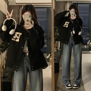 字母刺绣重磅复古棒球服女春秋情侣夹克宽松休闲学生外套 C654-95图片