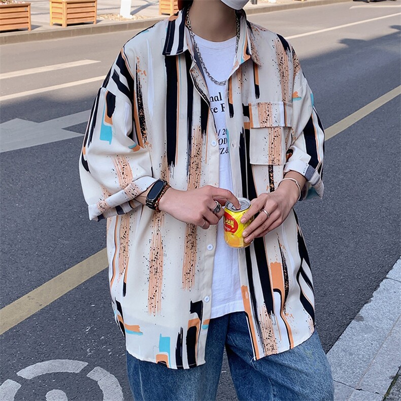 C8045/P35港风夏季条纹个性衬衫男短袖衬衣宽松休闲大码上衣男,男装衬衫,电商A141