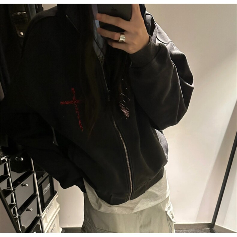 美式水洗做旧连帽开衫卫衣男潮牌十字刺绣宽松设计感休闲拉链外套,女装短外套,星座813-2