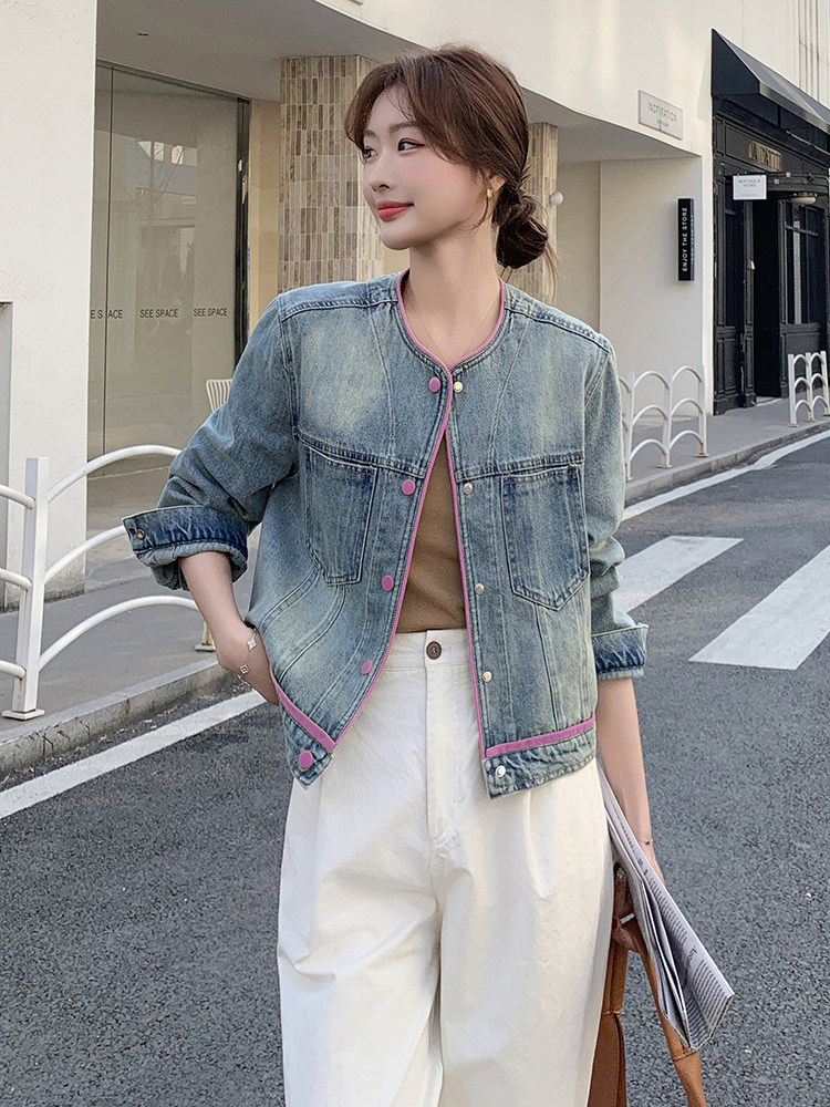 韩版休闲圆领撞色牛仔外套女2025早春新款小个子减龄宽松夹克上衣,女装牛仔外套,蝶眷