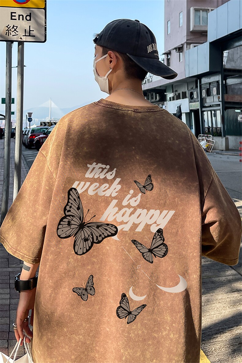 B239-1163-P38蝴蝶字母印花复古水洗做旧半袖重磅短袖T恤美式,男装T恤,星座514-2(原B239)