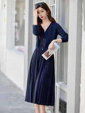 现货2025秋装新款显瘦气质针织开衫+百褶半裙两件套女，女装套装/套裙，苗苗