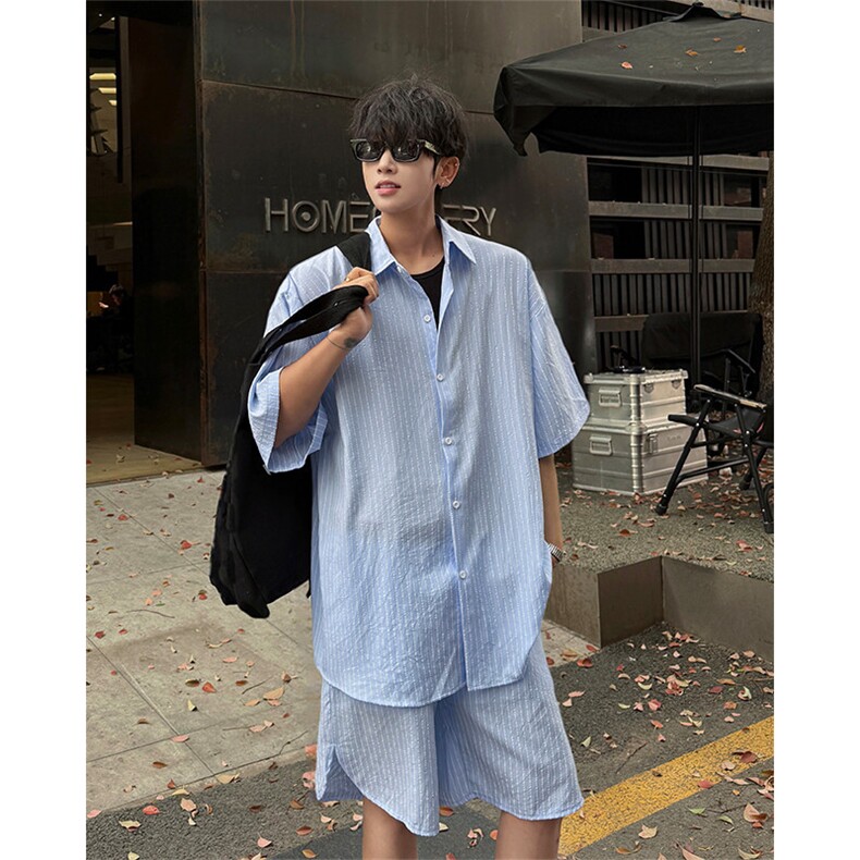 时尚套装男慵懒风条纹蓝色短裤长袖衬衫套装潮流时尚套装特P55,男装牛仔裤,电商B319