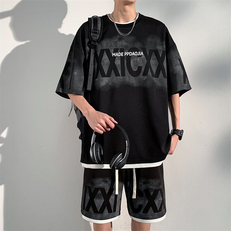 特批P50无差价夏新假菠萝格拼色假两件潮牌休闲五分套装男TZ322，男装休闲套装，电商A001