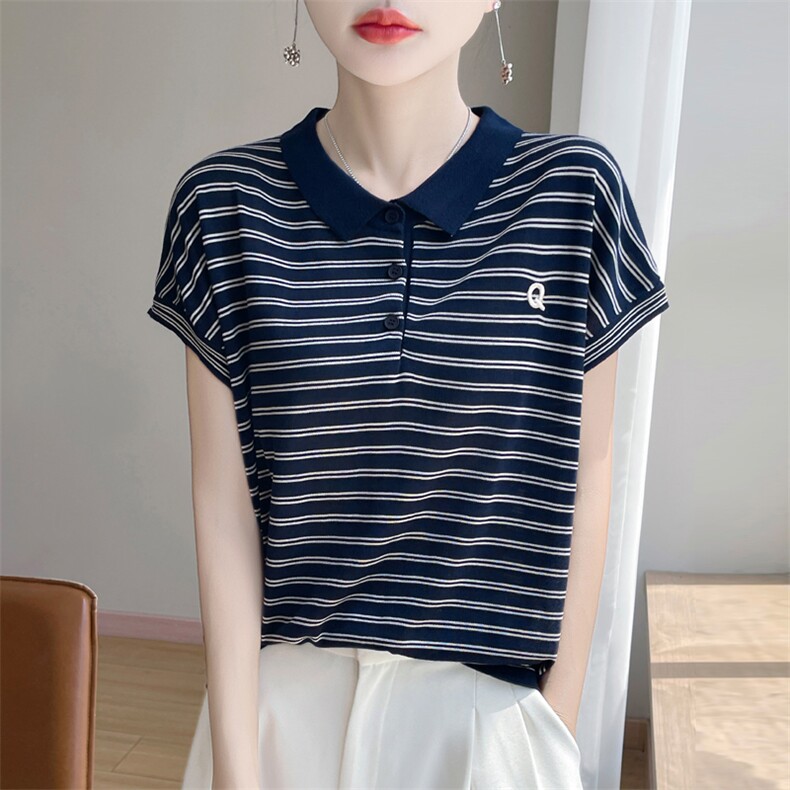 夏季新款莱赛尔天丝翻领Q刺绣条纹短袖女宽松百搭显瘦时尚上衣,女装T恤,暖娇绒包芯纱店
