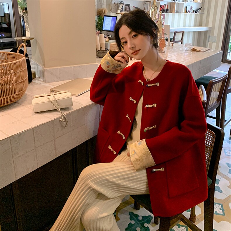 国风新中式女装盘扣纯羊毛呢外套女宽松宋锦刺绣圆领双面羊绒大衣,女装双面呢大衣,荣图大衣