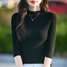 半高领精纺羊毛衫针织七分袖女坑条纯色短袖T恤修身显瘦打底上衣，女装T恤，佰米娇羊绒