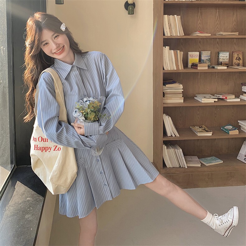 韩系竖条纹长袖衬衫连衣裙女2025秋新款学院风气质高腰显瘦a字裙，女装连衣裙，浙宝220